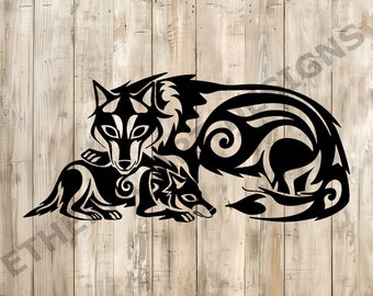 May include: Black and white silhouette of a wolf and a wolf pup, both with intricate tribal designs. The wolf is curled around the pup, creating a protective and loving image.