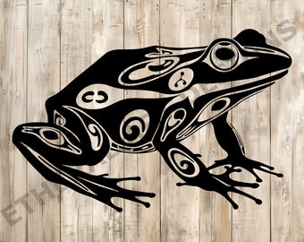 May include: Black and white silhouette of a frog with intricate tribal patterns on its body. The frog is facing right and has a large eye.