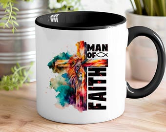 Man of Faith 11 oz and 15 oz Mug Wraps, Lion Cross png, Digital Download, Sublimation png, Gift for Him, Pastor Appreciation