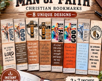 May include: A set of eight rectangular paper bookmarks featuring various Christian-themed designs, lion illustrations, and Bible verses. Each bookmark displays the text Man of Faith or Man of God, with dimensions of 5.08 by 17.78 cm printed on the image.