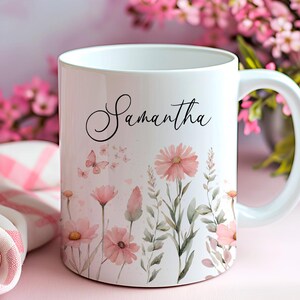 Add Your Own Name Pink Watercolor Flower 11 oz and 15 oz Mug Wraps, Digital Download, Sublimation png, Gift for Her