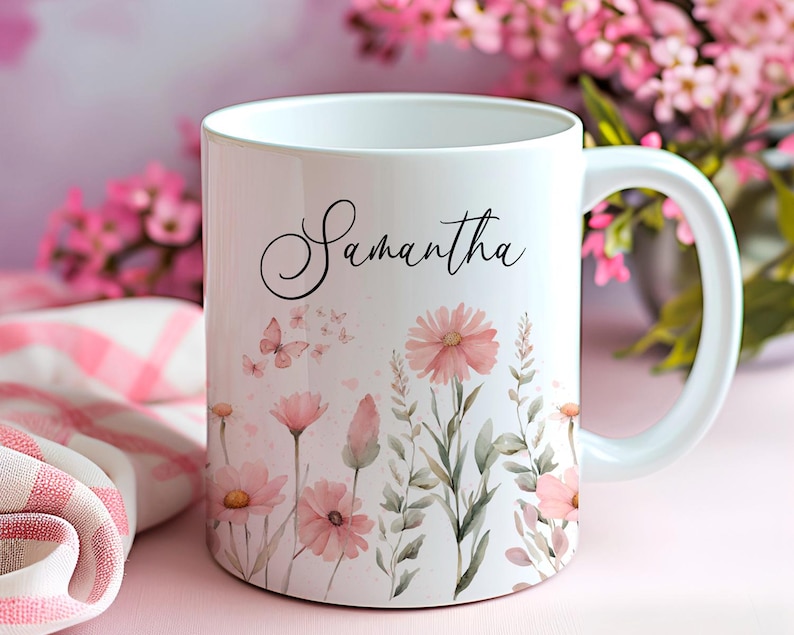 Add Your Own Name Pink Watercolor Flower 11 oz and 15 oz Mug Wraps, Digital Download, Sublimation png, Gift for Her