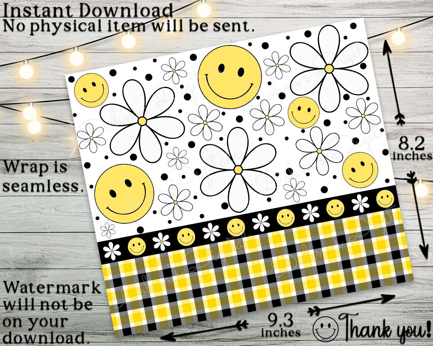 Retro Daisy Yellow Smiley Face 20 Oz Skinny Tumbler Wrap, Seamless Wrap ...