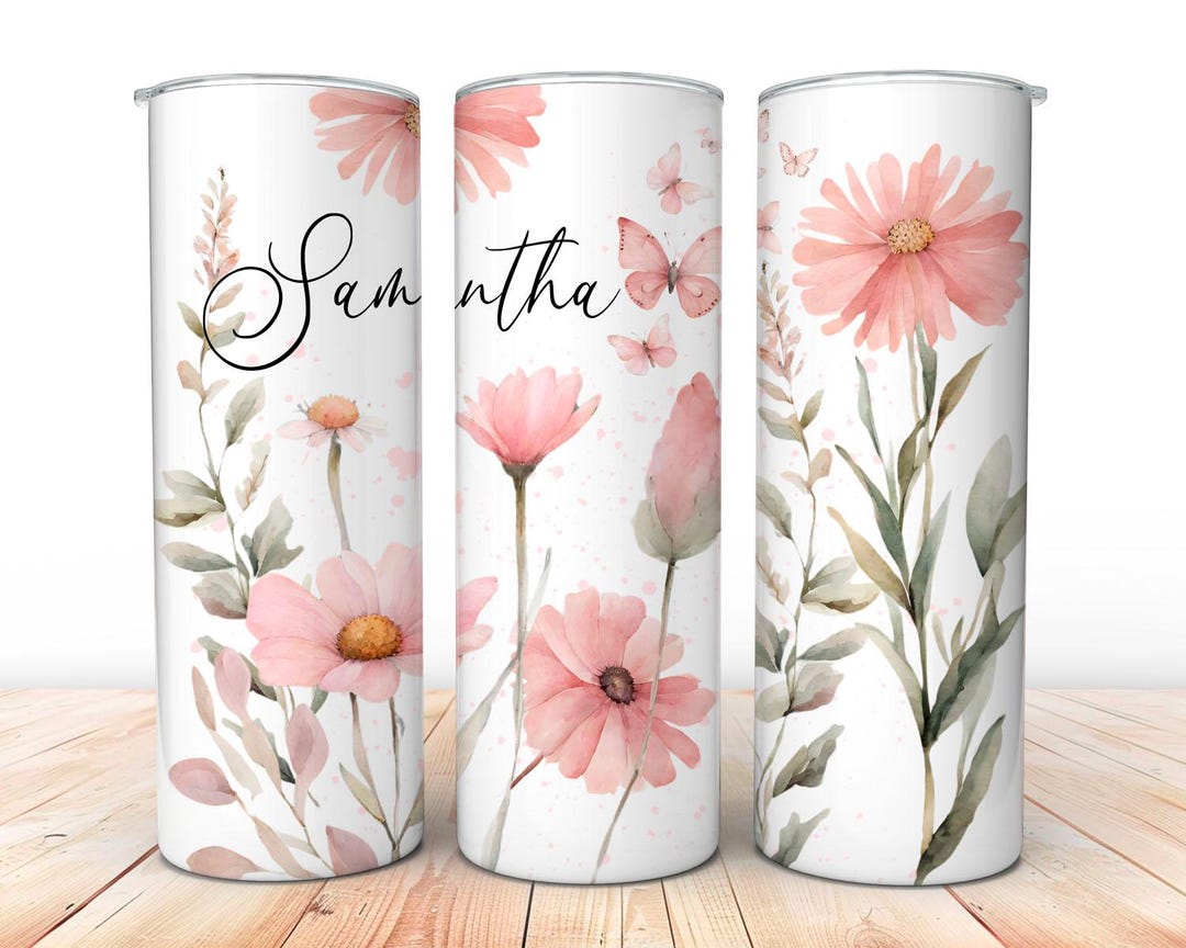 Add Your Own Name Pink Watercolor Flower 20 Oz Skinny Tumbler Wrap ...