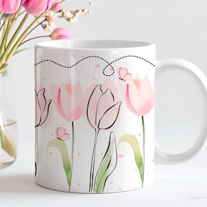 Pink Tulip 11 oz and 15 oz Mug Wraps, Digital Download, Sublimation png, Seamless Design, Gift for Her
