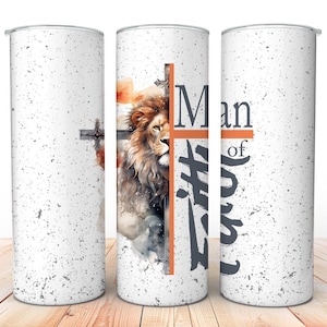 Man of Faith 20 0z skinny Tumbler Wrap, Christian Man cadeau, digitale download, sublimatie png, naadloos ontwerp, predikant cadeau, leeuw en kruis