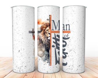 Man of Faith 20 0z Skinny Tumbler Wrap, Christian Man Gift, Digital Download, Sublimation png, Seamless Design, Pastor Gift, Lion and Cross
