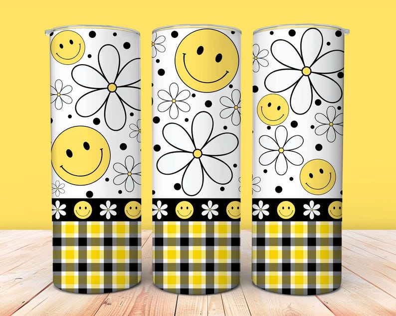 Retro Daisy Yellow Smiley Face 20 Oz Skinny Tumbler Wrap, Seamless Wrap ...