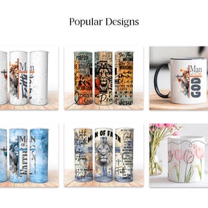 May include: Collection of religious-themed drinkware, including tumblers and mugs. Designs feature images of a lion, cross, and text such as "Man of God", "Faith", and inspirational quotes. The mugs have black handles and rims.