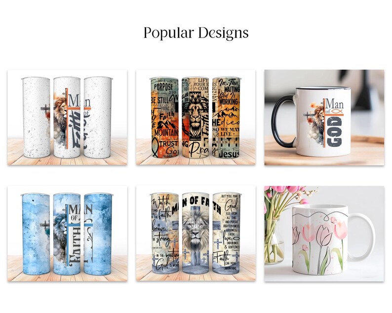May include: Collection of religious-themed drinkware, including tumblers and mugs. Designs feature images of a lion, cross, and text such as "Man of God", "Faith", and inspirational quotes. The mugs have black handles and rims.