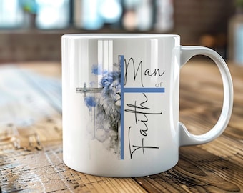 Man of Faith Lejon och Kors 11 oz och 15 oz Muggomslag, Digital Nedladdning, Sublimering png, Gåva till Honom, Pastor Uppskattningsgåva