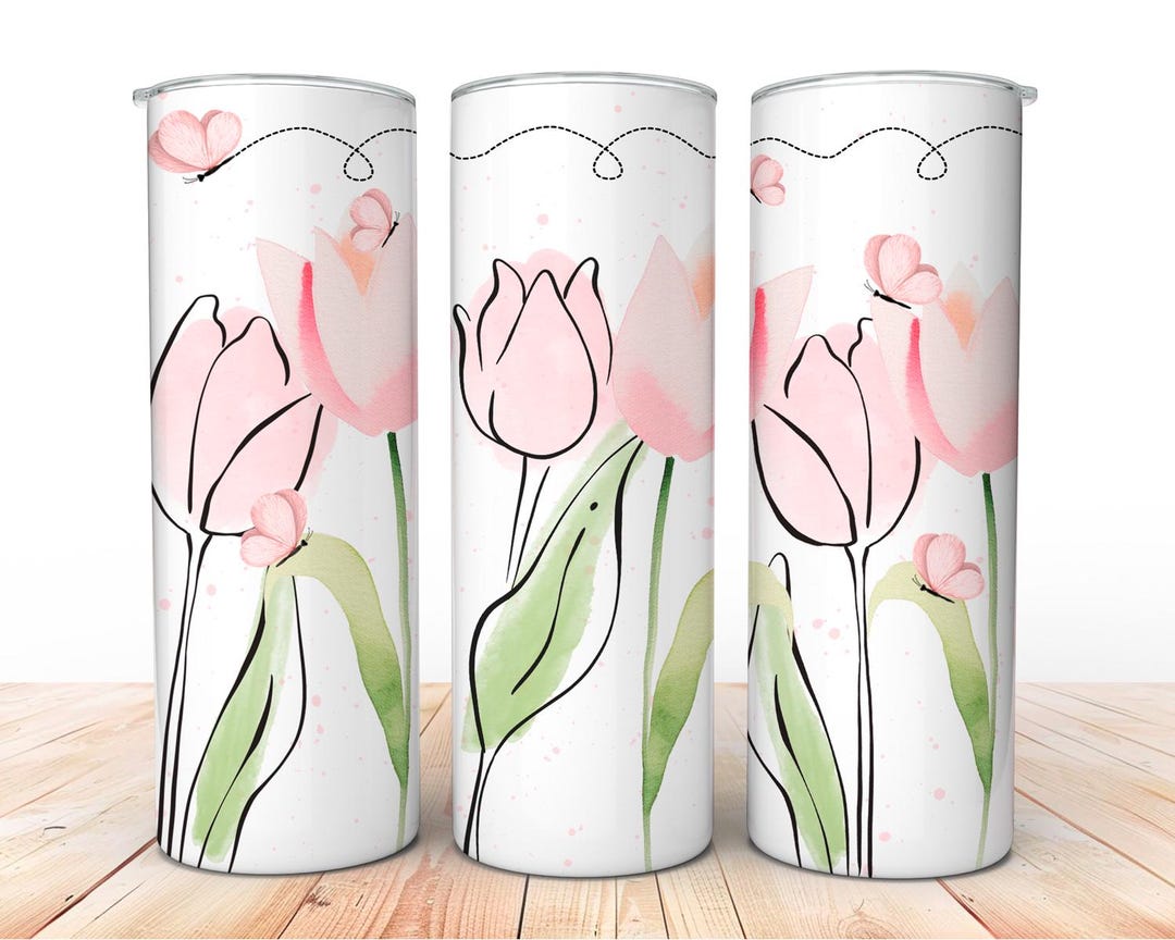 Pink Tulips and Butterflies 20 Oz Skinny Tumbler Wrap, Digital Download ...