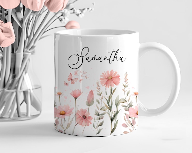 Add Your Own Name Pink Watercolor Flower 11 oz and 15 oz Mug Wraps, Digital Download, Sublimation png, Gift for Her