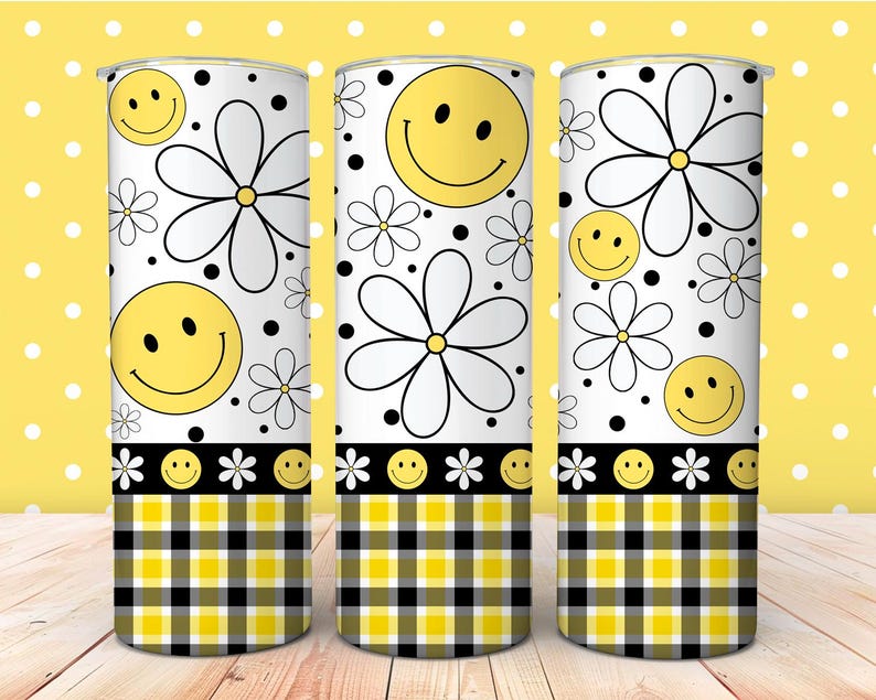 Retro Daisy Yellow Smiley Face 20 Oz Skinny Tumbler Wrap, Seamless Wrap ...