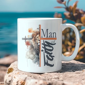 Taza de hombre de fe, taza de café religiosa de 325 ml, taza de hombre de fe religiosa de 433 ml, taza con impresión por sublimación para creyentes, regalos de bautismo.