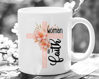 Woman of Faith Pink Floral Cross 11 oz & 15 oz Coffee Mug Wraps, Digital Download, Sublimation png, Gift for Her, Christian Woman