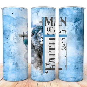 Copo de presente azul para homens, presente cristão para homens de Deus, copo de presente de leão, design de sublimação para homens