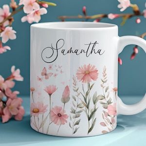 Add Your Own Name Pink Watercolor Flower 11 oz and 15 oz Mug Wraps, Digital Download, Sublimation png, Gift for Her