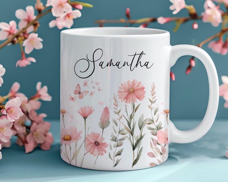 Add Your Own Name Pink Watercolor Flower 11 oz and 15 oz Mug Wraps, Digital Download, Sublimation png, Gift for Her