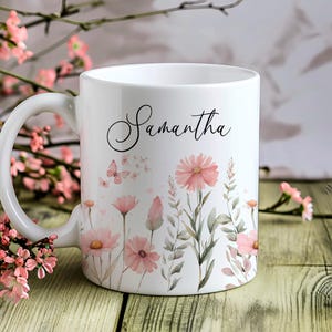 Add Your Own Name Pink Watercolor Flower 11 oz and 15 oz Mug Wraps, Digital Download, Sublimation png, Gift for Her