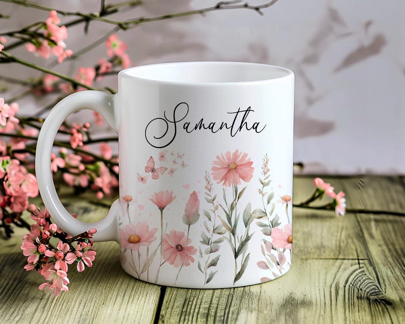 Add Your Own Name Pink Watercolor Flower 11 oz and 15 oz Mug Wraps, Digital Download, Sublimation png, Gift for Her