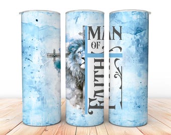 Blue Man of Faith 20 oz Skinny Tumbler Wrap, Cross & Lion, Digital Download, Sublimation png, Seamless Wrap, Gift for Him, Pastor, Christian