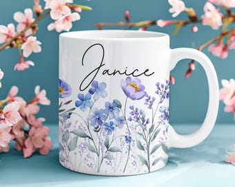 Add Your Own Name Watercolor Floral 11 oz and 15 oz Mug Wraps, Digital Download, Sublimation png, Gift for Her