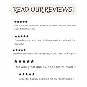May include: A white background with the text "READ OUR REVIEWS!" in a black, handwritten-style font. Below are customer reviews with five-star ratings, praising the product's quality, ease of use, and customer service.