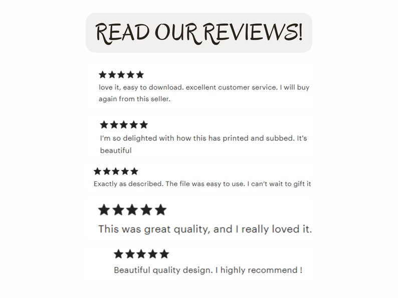 May include: A white background with the text "READ OUR REVIEWS!" in a black, handwritten-style font. Below are customer reviews with five-star ratings, praising the product's quality, ease of use, and customer service.