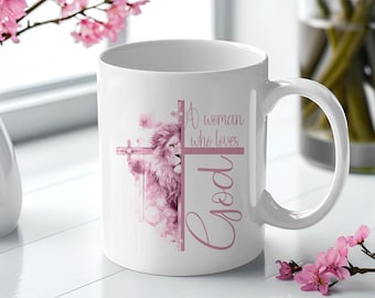 Pink "A Woman Who Loves God" Coffee Mug Wrap, 11 oz &  15 oz Wraps, Cross Lion png, Sublimation png, Digital Download, Gift for Her