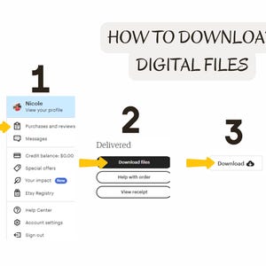 May include: A white graphic with instructions on how to download digital files. The steps are numbered 1, 2, and 3, with arrows pointing to the relevant sections of a website interface. The text includes "Purchases and reviews" and "Download files."