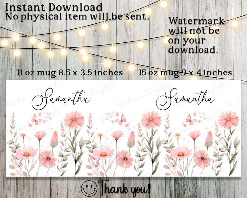Add Your Own Name Pink Watercolor Flower 11 oz and 15 oz Mug Wraps, Digital Download, Sublimation png, Gift for Her