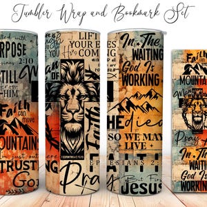 May include: A tumbler wrap and bookmark set with a religious theme. The tumbler wraps feature inspirational quotes and imagery of a lion, cross, and mountains. The bookmark has a similar design.