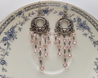 Light pink heart chandelier earrings