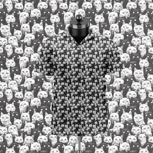 Cartoon Doodle Black and White Cat Button-Up Shirt, Fun Unisex Casual Wear for Animal Lovers