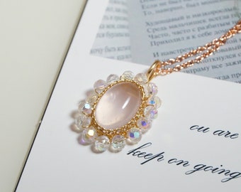 Collar de cuarzo rosa, colgante de cristal envuelto en alambre de oro rosa, joyería victoriana