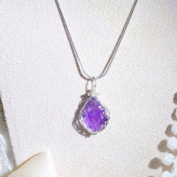 Raw Amethyst Crystal Pendant, Genuine Aquamarine Necklace, February March Birthstone, Wirewrapped Jewelry, Elven Amulet, Minimalist Necklace