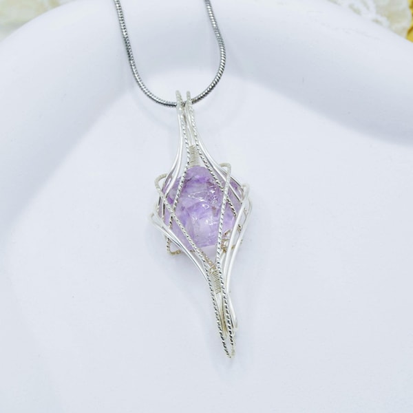 Raw Amethyst Crystal Necklace, Wire Wrapped Pendant, Handmade Birthstone Jewelry