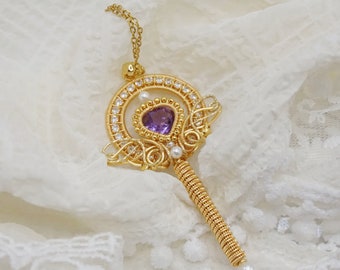 Collar de varita de hada, cristal de amatista, chapado en oro de 14 quilates, joyería de fantasía