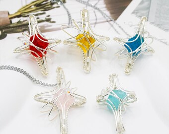 Collar de cristal colorido, colgante de citrino crudo, collar de ópalo rosa, colgante de alambre de piedra preciosa, collar de piedra de nacimiento, regalo de Navidad para ella.
