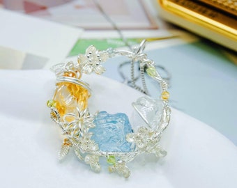 Collar con colgante de cristal y corona de flores, cuarzo citrino y aguamarina, joyería Fairycore