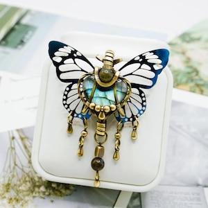 Butterfly Pendant Necklace, Blue Labradorite Gemstone Wire Wrapped Pendant, Antique Vintage Butterfly Necklace, Fantasy Woodland Jewelry