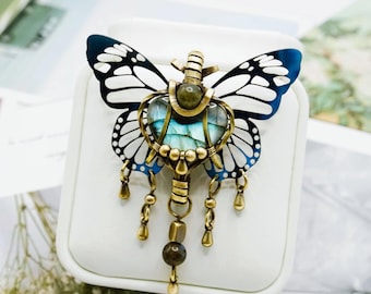 Collar colgante de mariposa de labradorita azul, estilo vintage