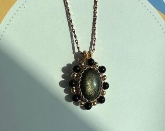 Collar de obsidiana dorada, colgante victoriano de piedra preciosa negra, collar con colgante de cristal envuelto en alambre de cobre, joyería art déco, amuleto de brujas