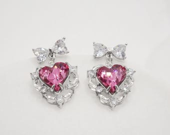 Pendientes de lazo de cinta delicados, pendientes de corazón rosa con cristales de Swarovski, pendientes de gota de plata, elegantes y bonitos pendientes para damas de honor, regalo de San Valentín.