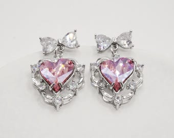 Swarovski Crystal Heart Stud Earrings, 925 Sterling Silver, Ribbon Bow