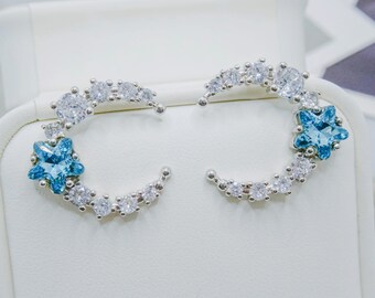 Pendientes de plata de ley con forma de luna y estrella, cristales de Swarovski Aurora Borealis