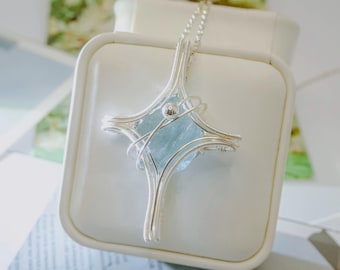 Collar de aguamarina y fluorita, colgante de alambre de cobre, joyería celestial