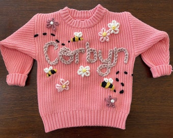 Personalized Hand Embroidered SPRING Sweater Bumblebee Butterfly Custom Birthday Gift Baby Shower Announcement Toddler Kids Milestone