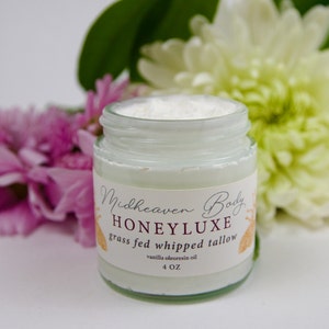 May include: A white jar of Midheaven Body Honeyluxe grass fed whipped tallow with vanilla oleoresin oil, 4 oz.
